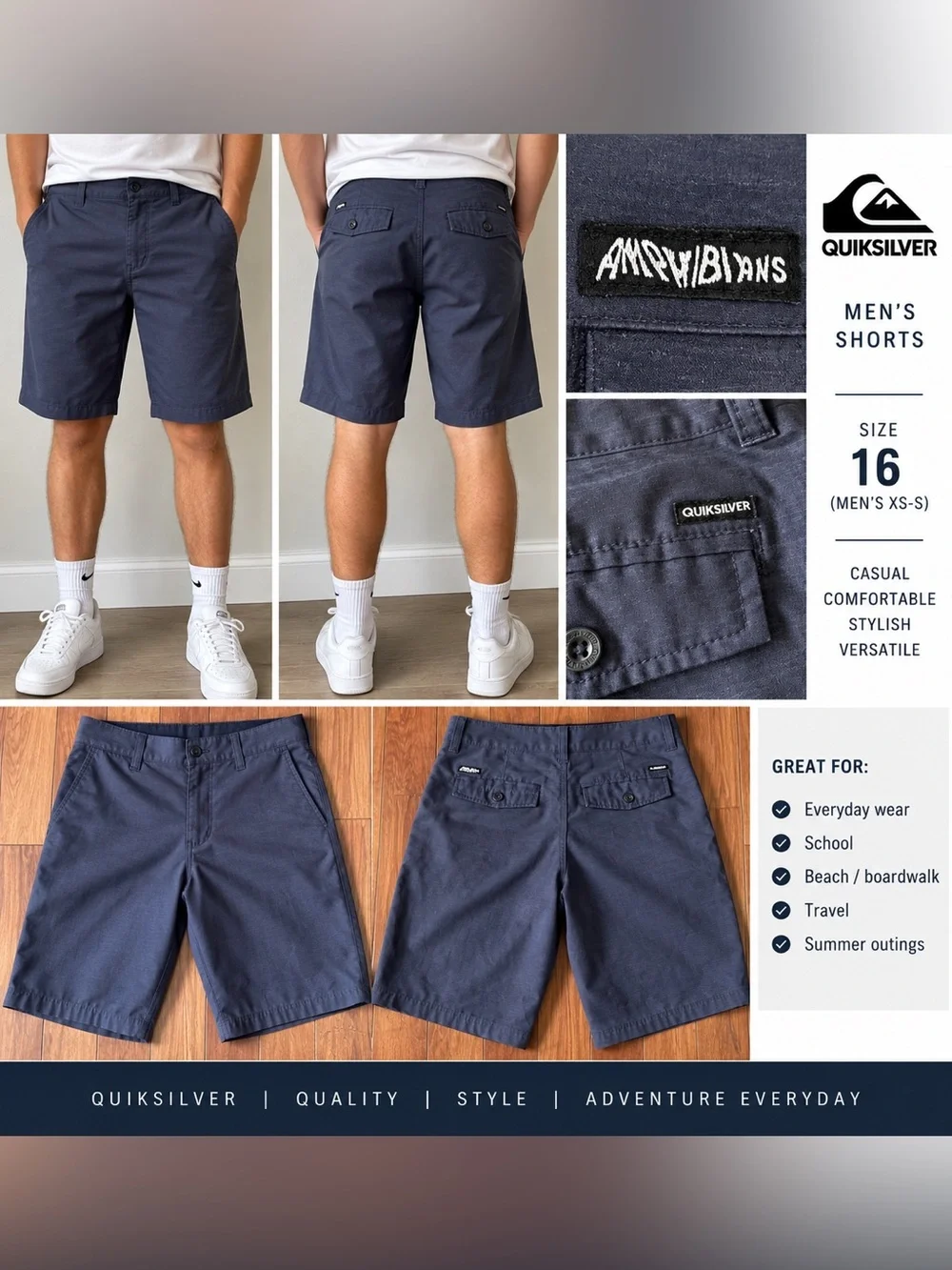 Quiksilver Men's Dark Navy Flat Front Chino Shorts